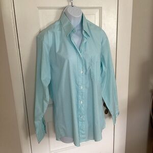 Oversized turquoise gingham check women's button down long sleeve blouse SM New